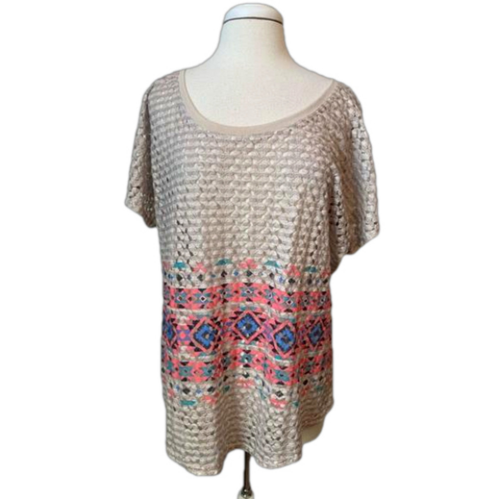 Maurices NWT Women's 2X Boho Colorful Aztec Sheer Crochet Short Sleeve Top Art